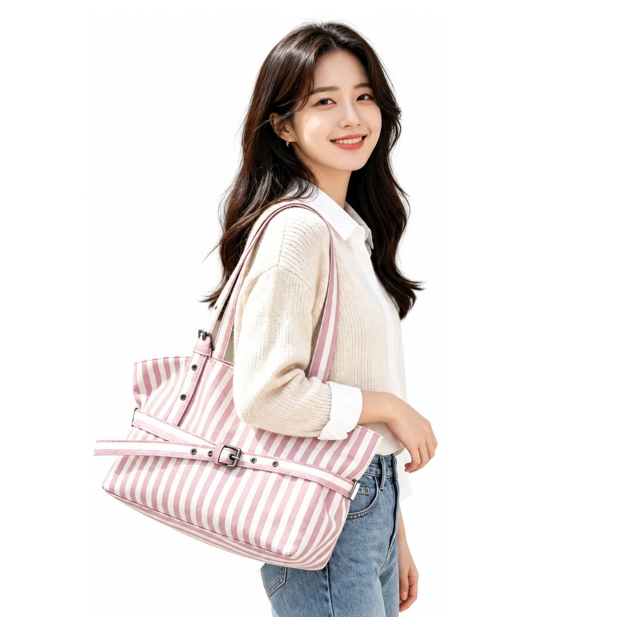 Custom Logo Striped Canvas Tote Bag for Women with Adjustable Belt and Shoulder Strap