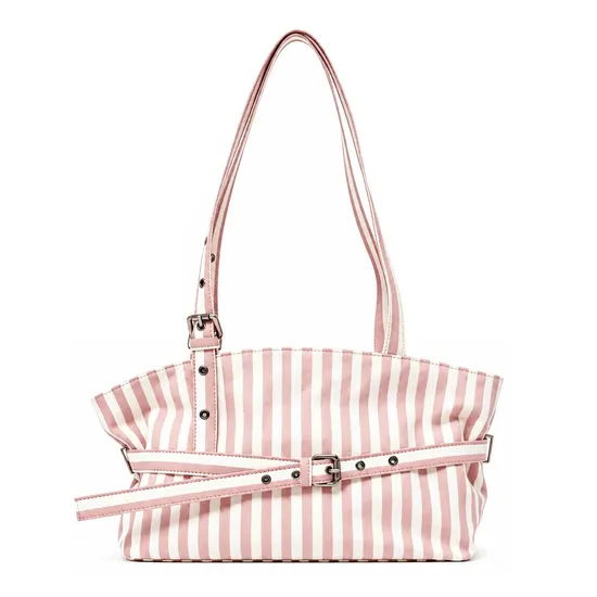 Custom Logo Striped Canvas Tote Bag for Women with Adjustable Belt and Shoulder Strap