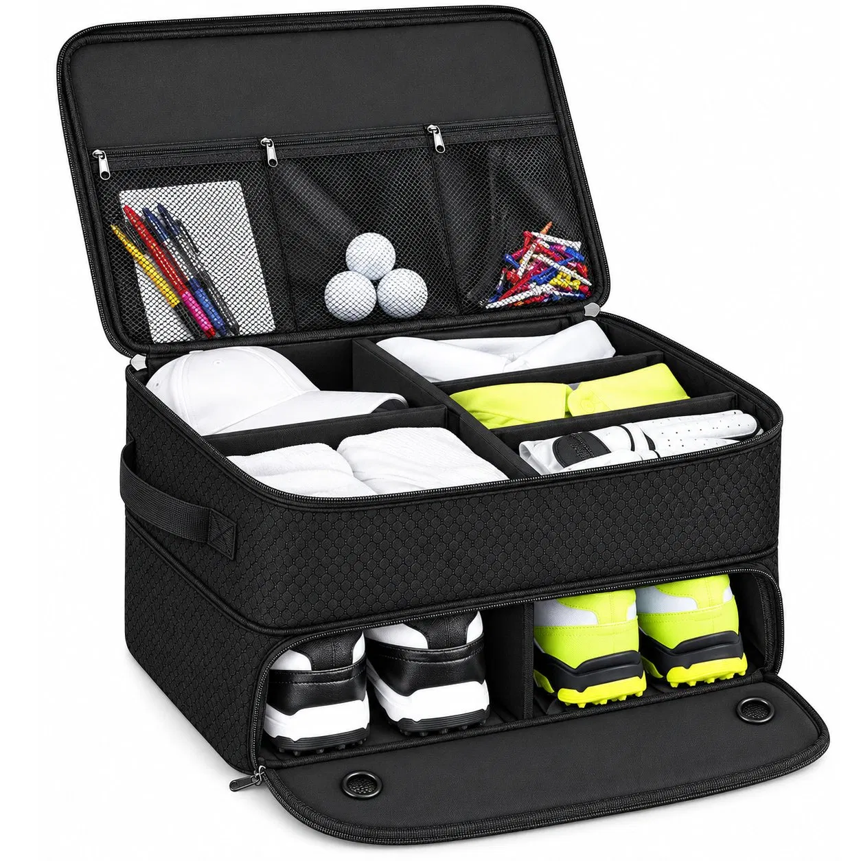 Foldable Golf Car Trunk Organizer with Shoe Storage Compartment and Adjustable Dividers