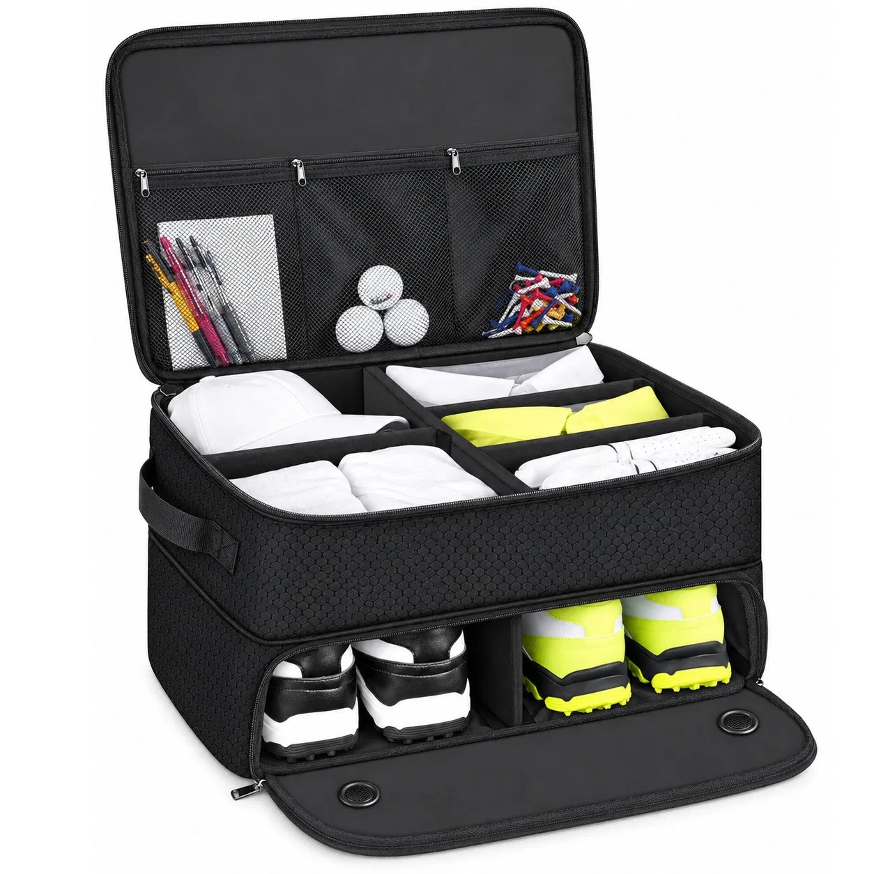 Foldable Golf Car Trunk Organizer with Shoe Storage Compartment and Adjustable Dividers