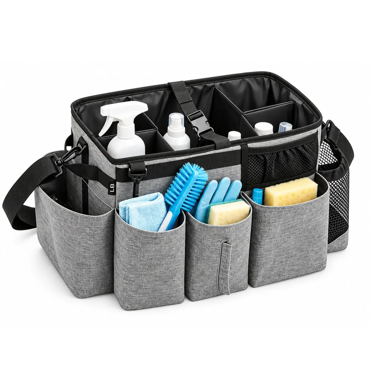 Portable Polyester Cleaning Caddy Tote Bag with Multiple Compartments and Zipper Closure