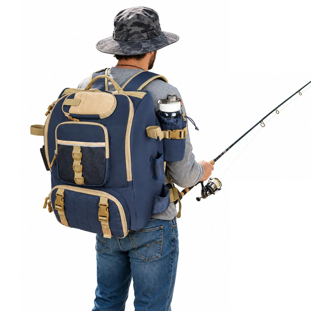 Waterproof Oxford Fishing Tackle Backpack with Adjustable Divider and Rod Holders