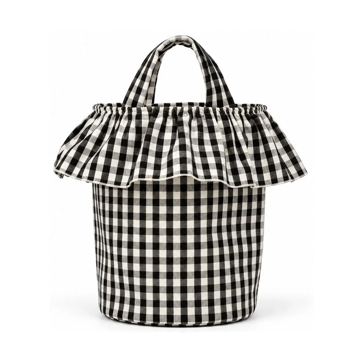 Cotton Gingham Stroller Organizer Bucket Bag with Drawstring and Detachable Handles