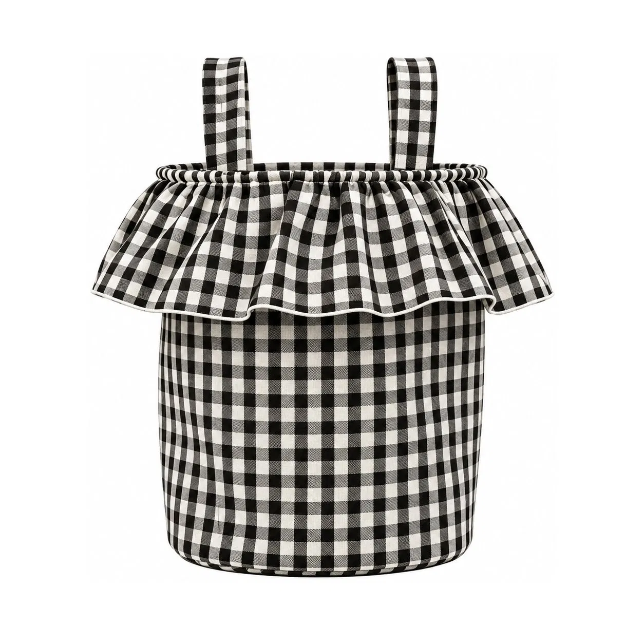 Cotton Gingham Stroller Organizer Bucket Bag with Drawstring and Detachable Handles