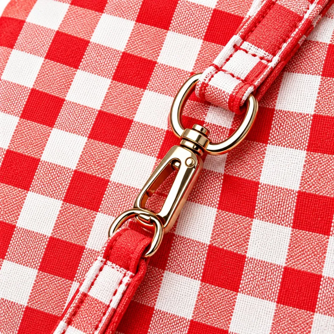 Women Red White Gingham Bucket Shoulder Bag with Ruffle Trim and Detachable Adjustable Crossbody Strap