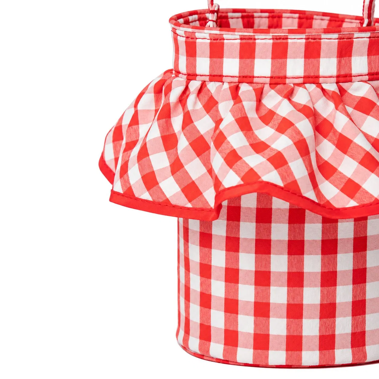 Women Red White Gingham Bucket Shoulder Bag with Ruffle Trim and Detachable Adjustable Crossbody Strap
