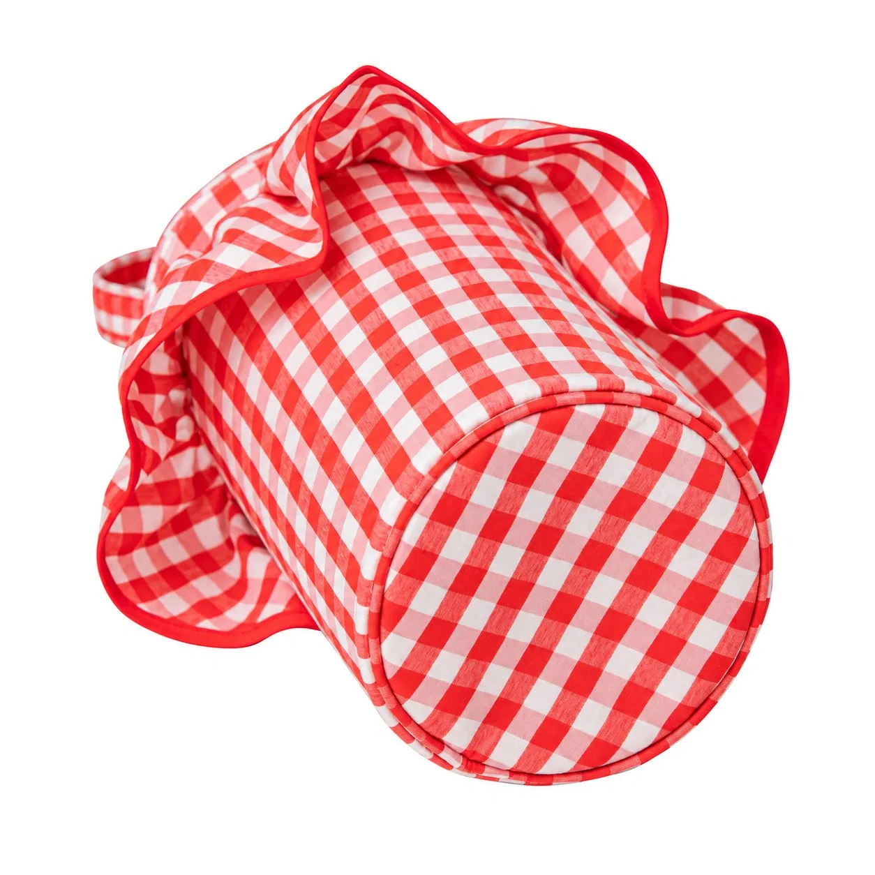 Women Red White Gingham Bucket Shoulder Bag with Ruffle Trim and Detachable Adjustable Crossbody Strap
