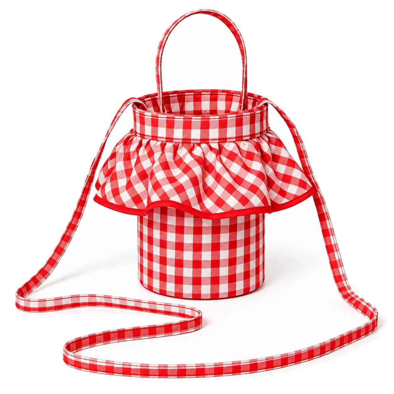 Women Red White Gingham Bucket Shoulder Bag with Ruffle Trim and Detachable Adjustable Crossbody Strap