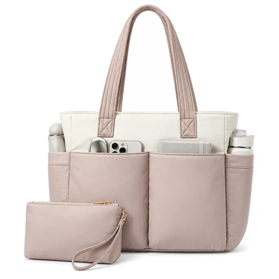 Women Quilted Nylon Laptop Tote Bag with Trolley Sleeve and Adjustable Shoulder Strap