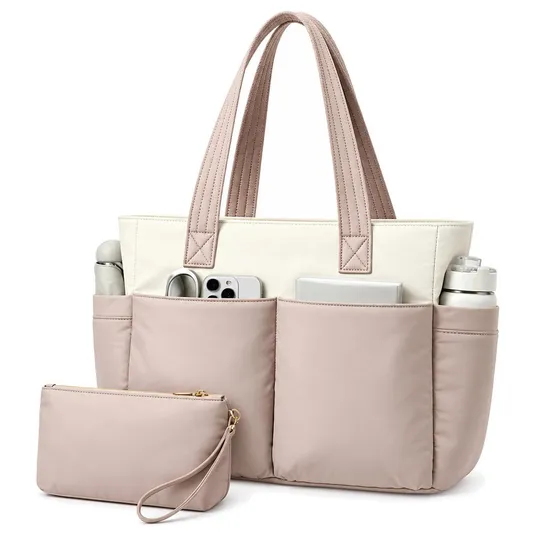 Women Quilted Nylon Laptop Tote Bag with Trolley Sleeve and Adjustable Shoulder Strap