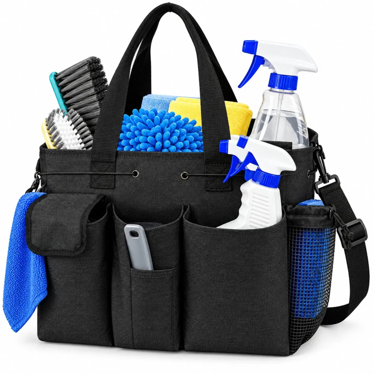 Large Wearable Cleaning Caddy Bag Cleaning Supplies Organizer with Shoulder and Waist Straps for Cleaners