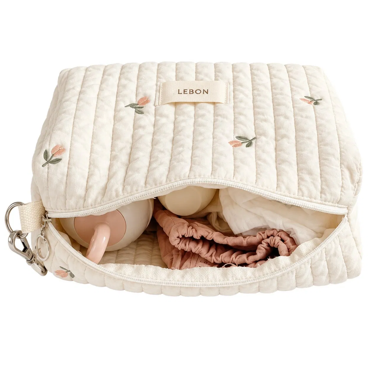 Custom Cotton Cartoon Bear Embroidery Diaper Mommy Bag with Stroller Hooks