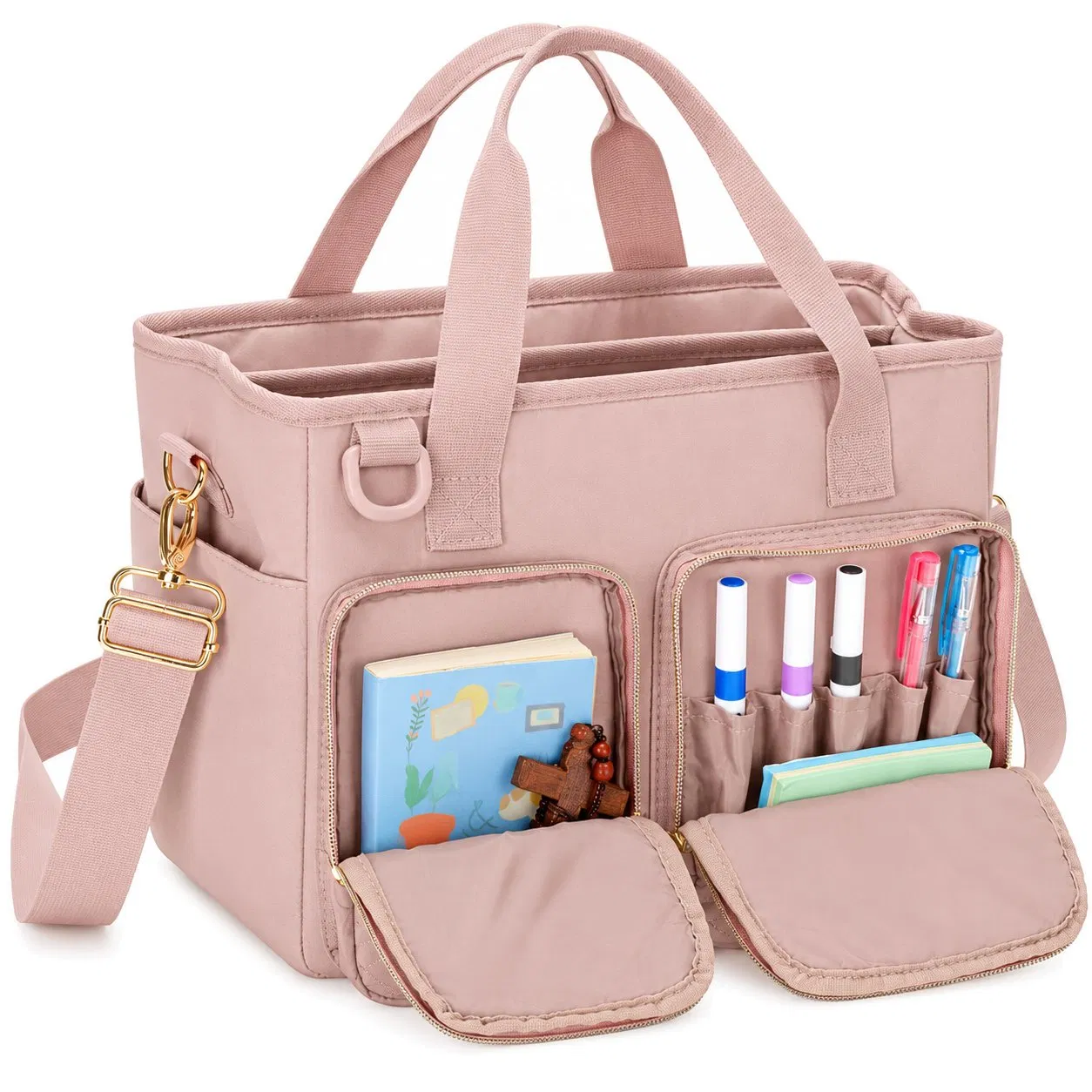 Women Polyester Tote Bag with Top Handles Zippered Pockets and Shoulder Strap