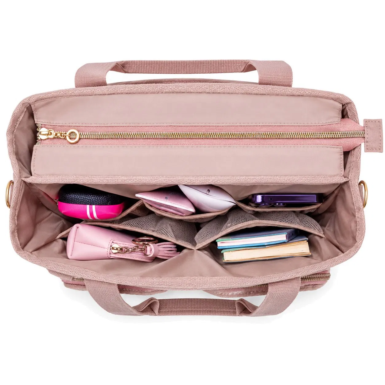 Women Polyester Tote Bag with Top Handles Zippered Pockets and Shoulder Strap