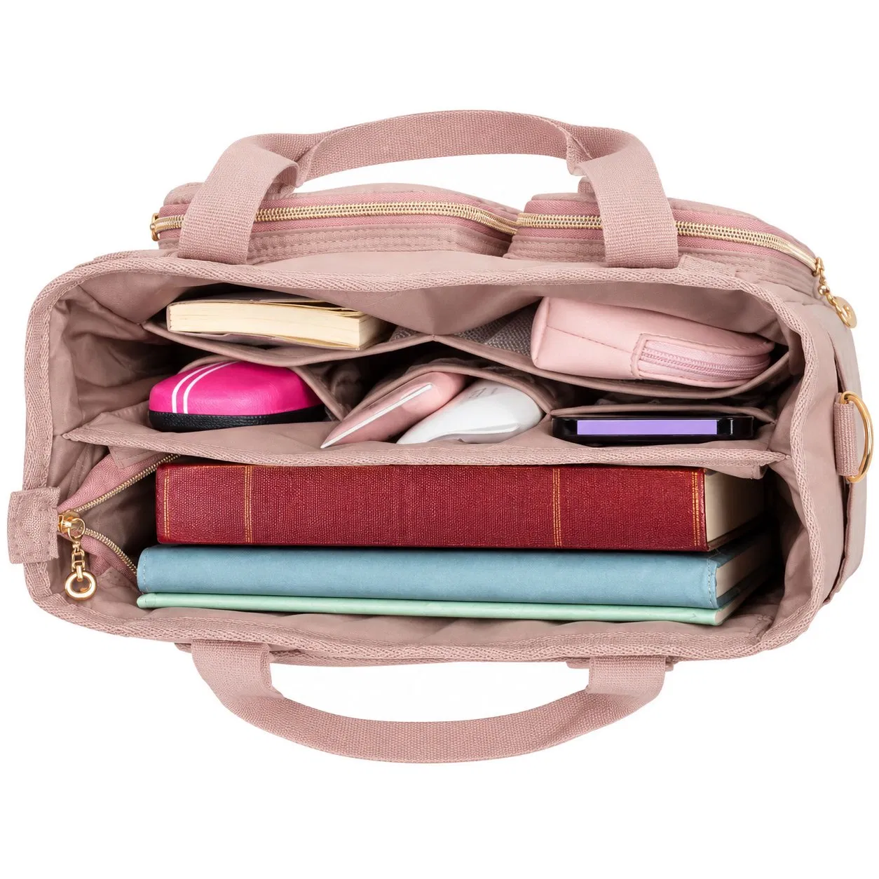 Women Polyester Tote Bag with Top Handles Zippered Pockets and Shoulder Strap