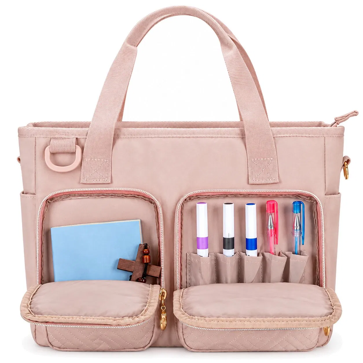 Women Polyester Tote Bag with Top Handles Zippered Pockets and Shoulder Strap