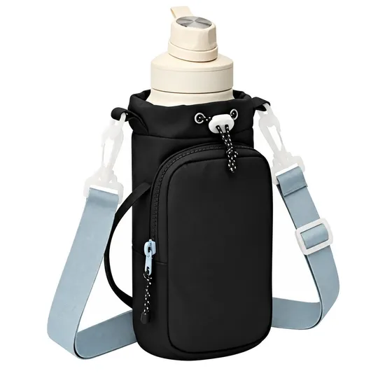 Custom Insulated Polyester Water Bottle Holder Bag with Phone Pocket and Shoulder Strap