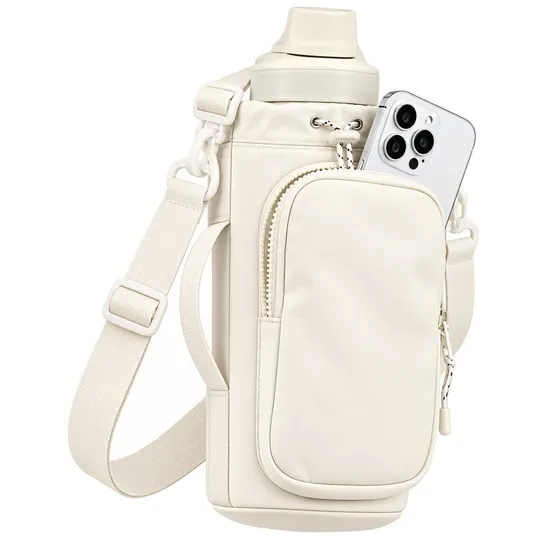 Custom Insulated Polyester Water Bottle Holder Bag with Phone Pocket and Shoulder Strap