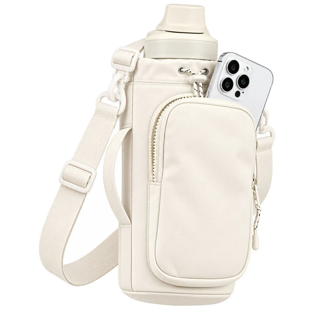 Custom Insulated Polyester Water Bottle Holder Bag with Phone Pocket and Shoulder Strap