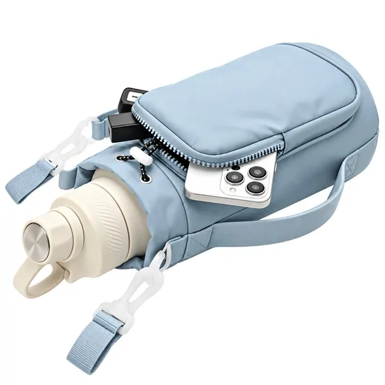 Custom Insulated Polyester Water Bottle Holder Bag with Phone Pocket and Shoulder Strap