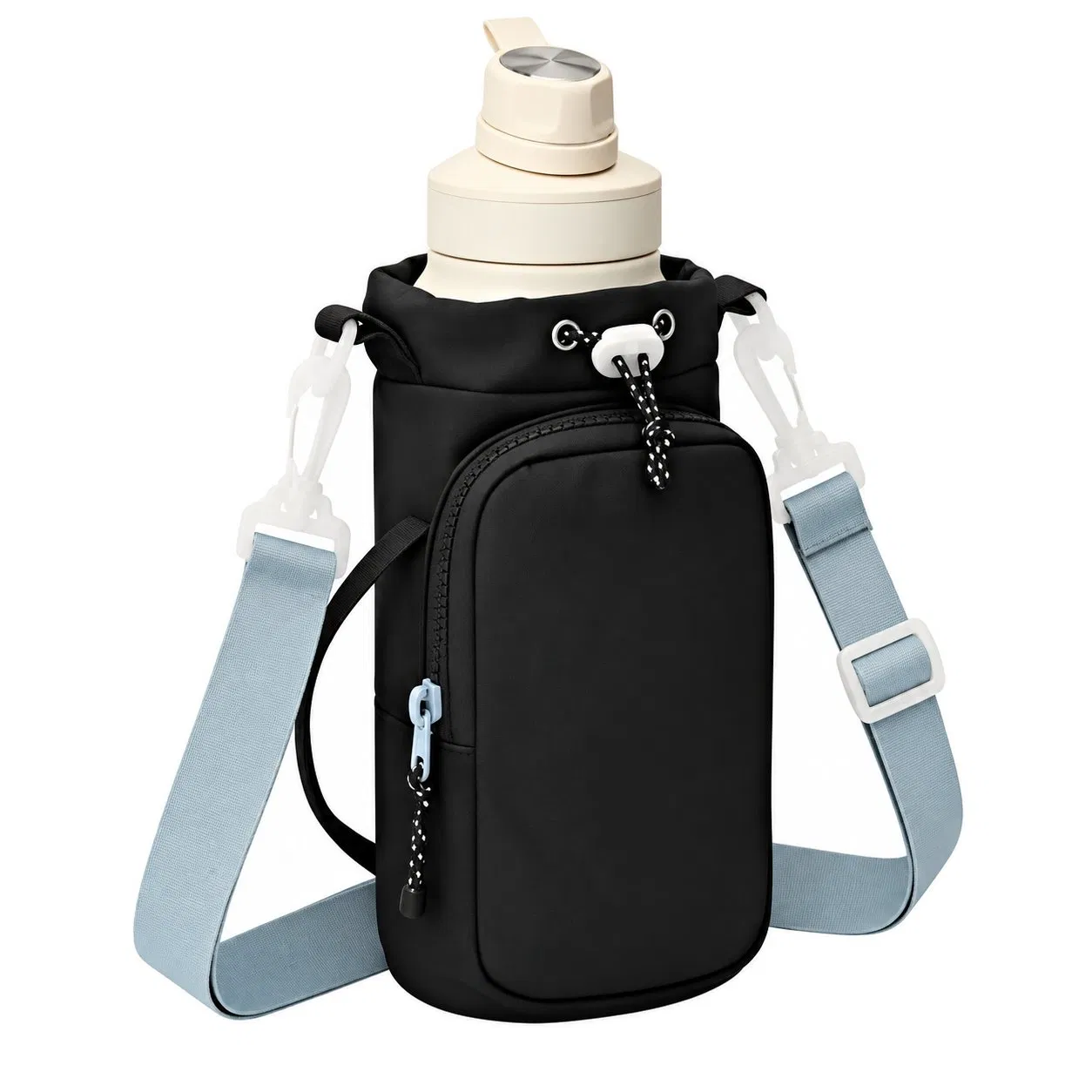 Custom Insulated Polyester Water Bottle Holder Bag with Phone Pocket and Shoulder Strap