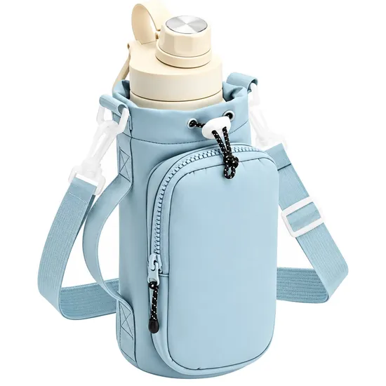 Custom Insulated Polyester Water Bottle Holder Bag with Phone Pocket and Shoulder Strap