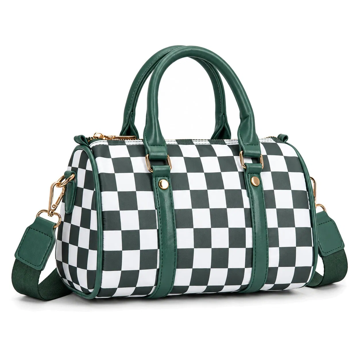 Checkerboard Barrel Shoulder Handbag with Adjustable Strap and Zipper Closure