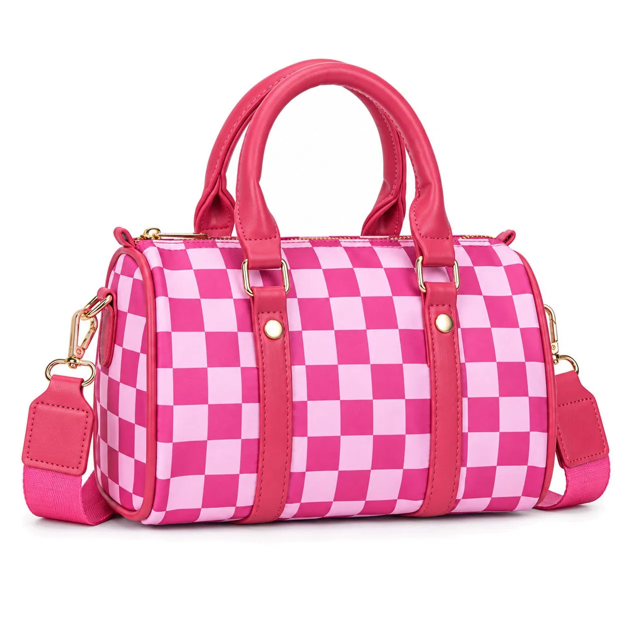 Checkerboard Barrel Shoulder Handbag with Adjustable Strap and Zipper Closure