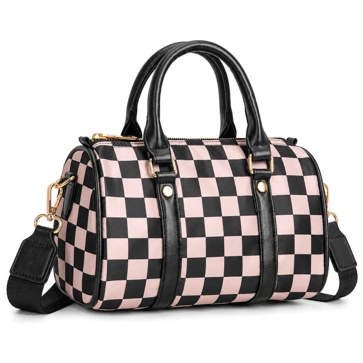 Checkerboard Barrel Shoulder Handbag with Adjustable Strap and Zipper Closure