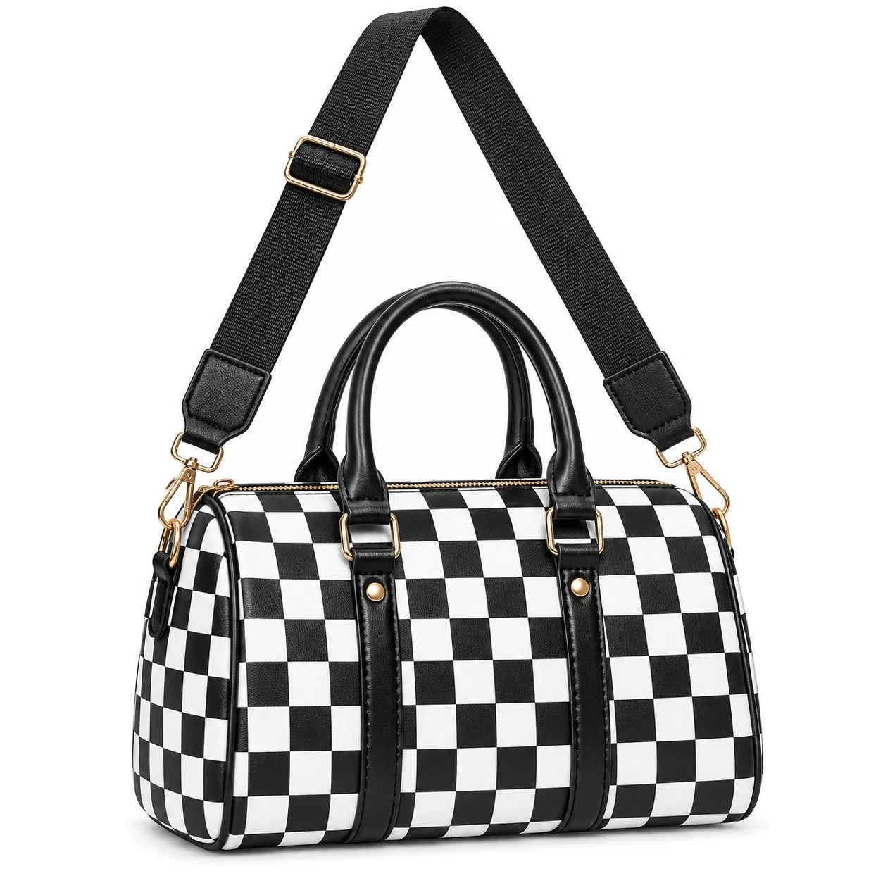 Checkerboard Barrel Shoulder Handbag with Adjustable Strap and Zipper Closure