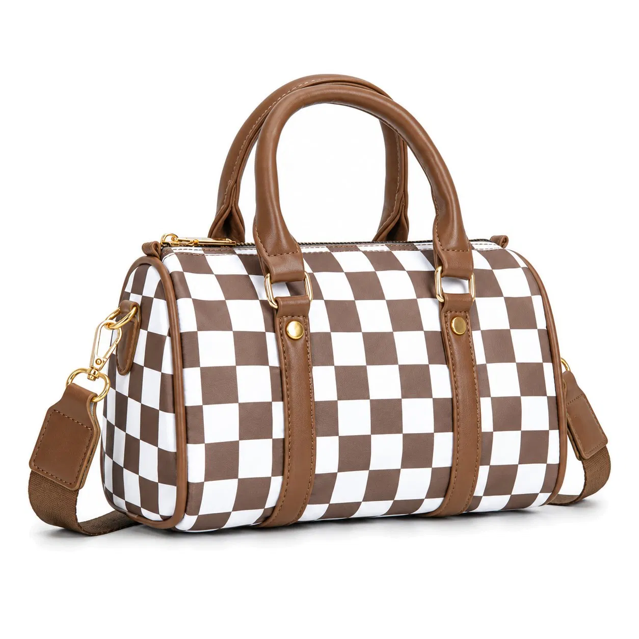 Checkerboard Barrel Shoulder Handbag with Adjustable Strap and Zipper Closure