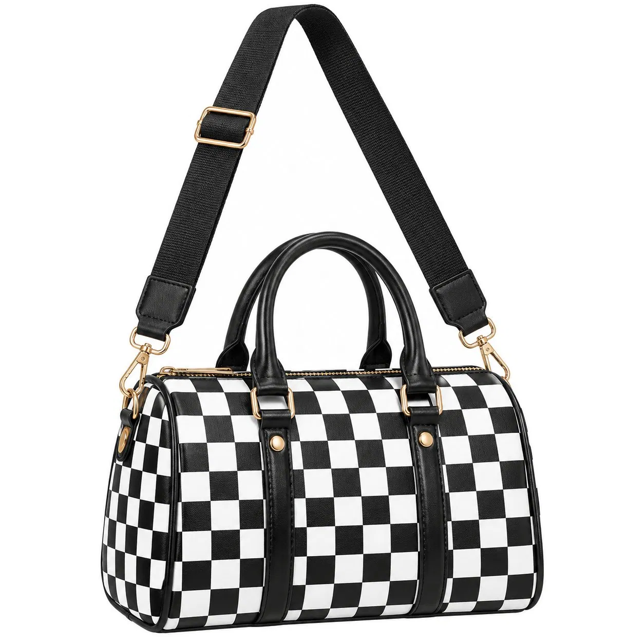 Custom Logo Checkered Boston Crossbody Handbag with Adjustable Shoulder Strap