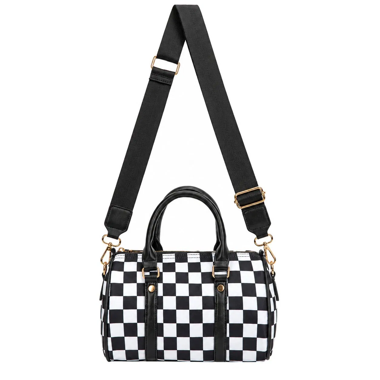 Custom Logo Checkered Boston Crossbody Handbag with Adjustable Shoulder Strap