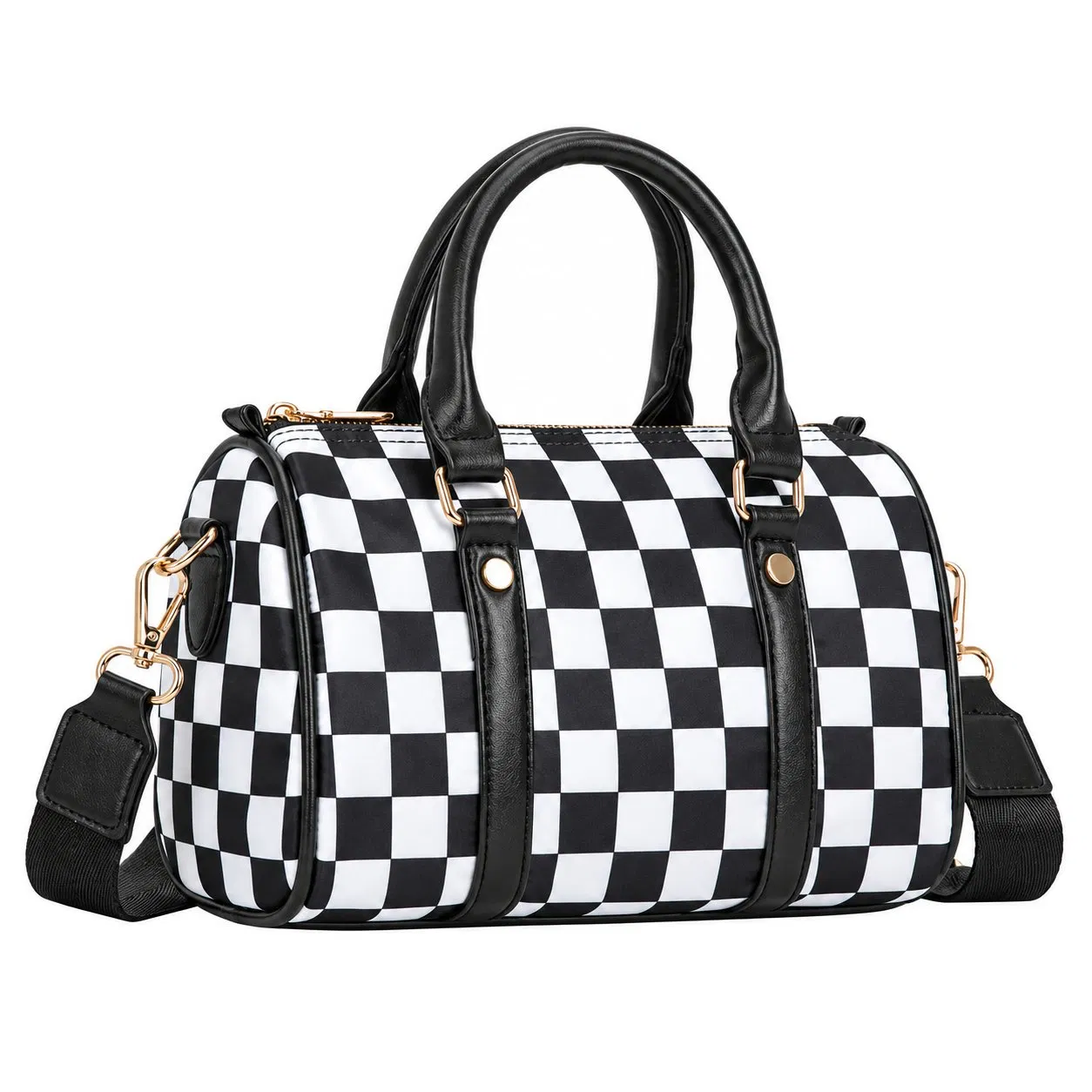 Custom Logo Checkered Boston Crossbody Handbag with Adjustable Shoulder Strap