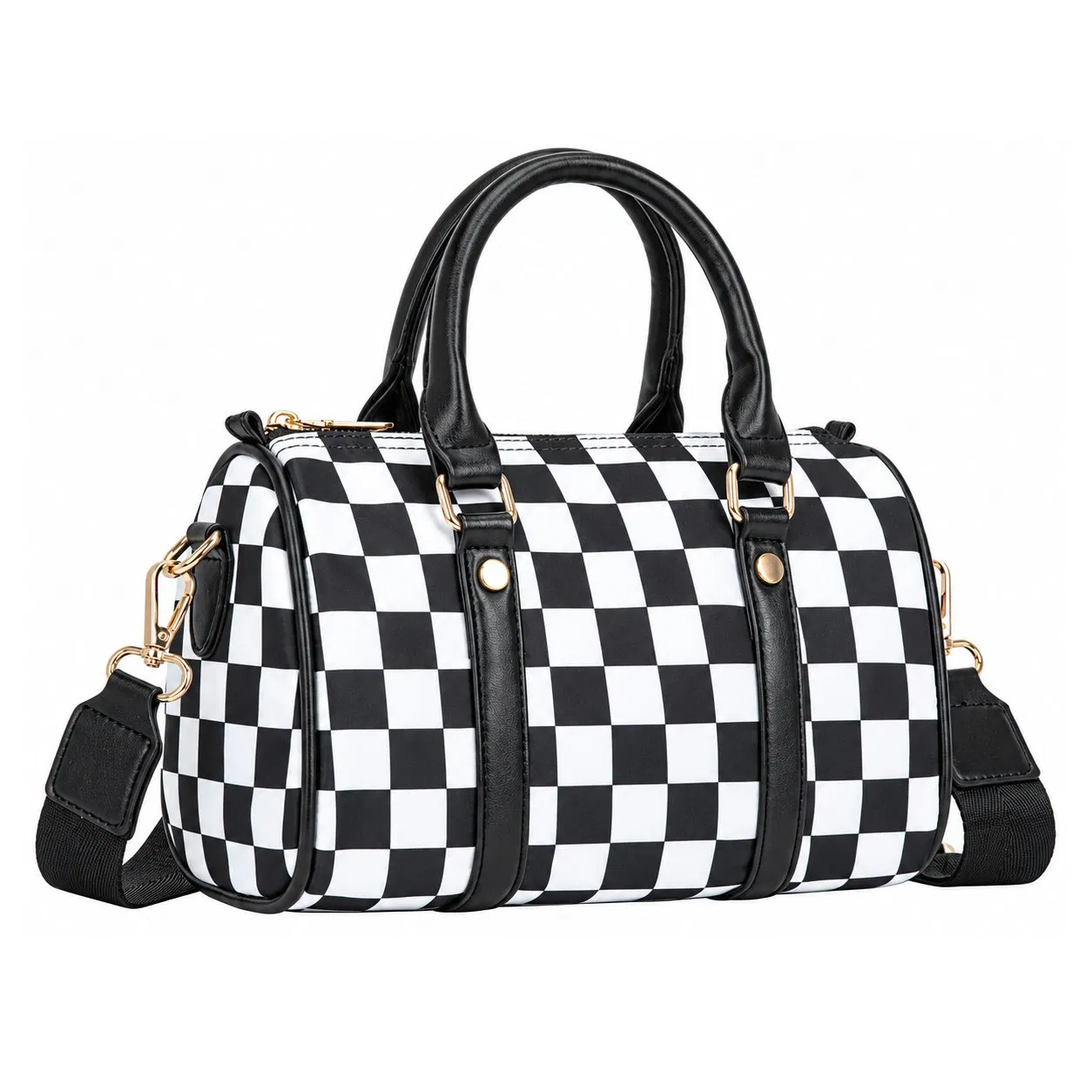 Custom Logo Checkered Boston Handbag with Adjustable Crossbody Shoulder Strap