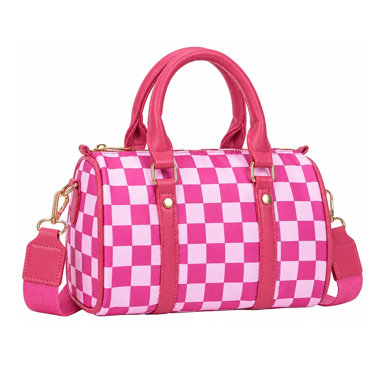 Custom Logo Checkered Boston Handbag with Adjustable Crossbody Shoulder Strap