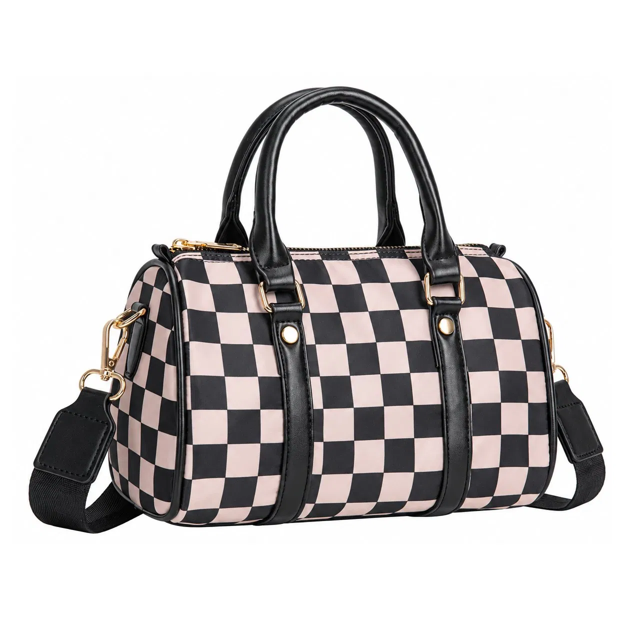 Custom Logo Checkered Boston Handbag with Adjustable Crossbody Shoulder Strap