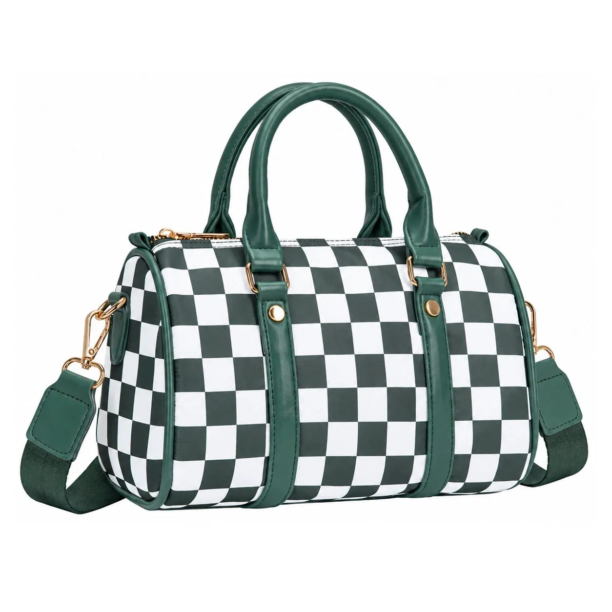 Custom Logo Checkered Boston Handbag with Adjustable Crossbody Shoulder Strap