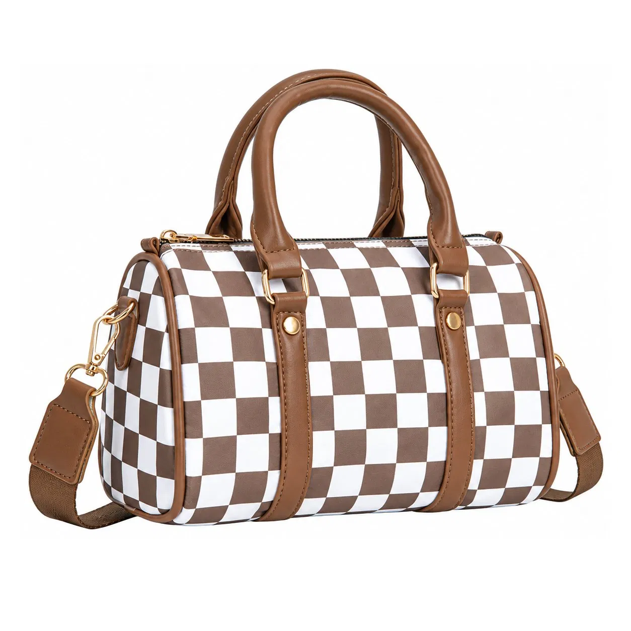 Custom Logo Checkered Boston Handbag with Adjustable Crossbody Shoulder Strap