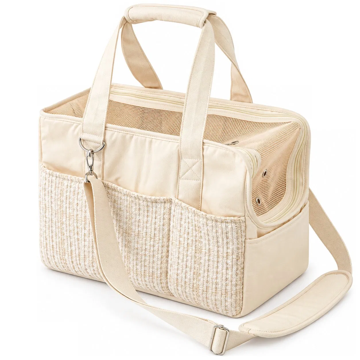 Soft Pet Carrier Tote Bag with Breathable Mesh Detachable Crossbody Strap and Storage Pockets