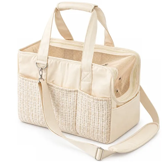 Soft Pet Carrier Tote Bag with Breathable Mesh Detachable Crossbody Strap and Storage Pockets