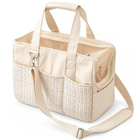 Soft Pet Carrier Tote Bag with Breathable Mesh Detachable Crossbody Strap and Storage Pockets