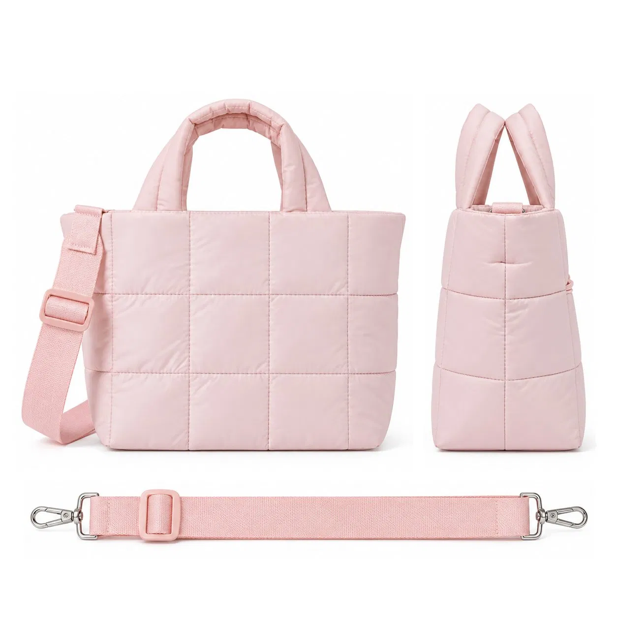 Custom Logo Quilted Mini Tote Bag Lightweight Nylon Puffer Handbag with Detachable Crossbody Strap