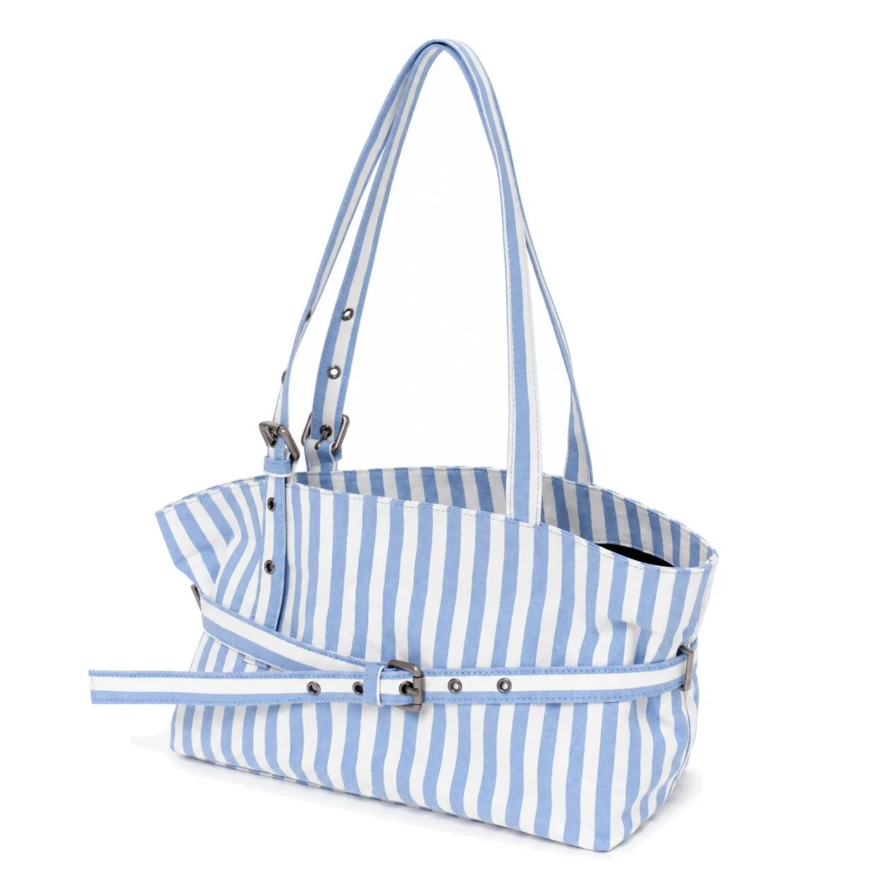 Vertical Striped Canvas Shoulder Tote Bag with Adjustable Strap for Daily Shopping