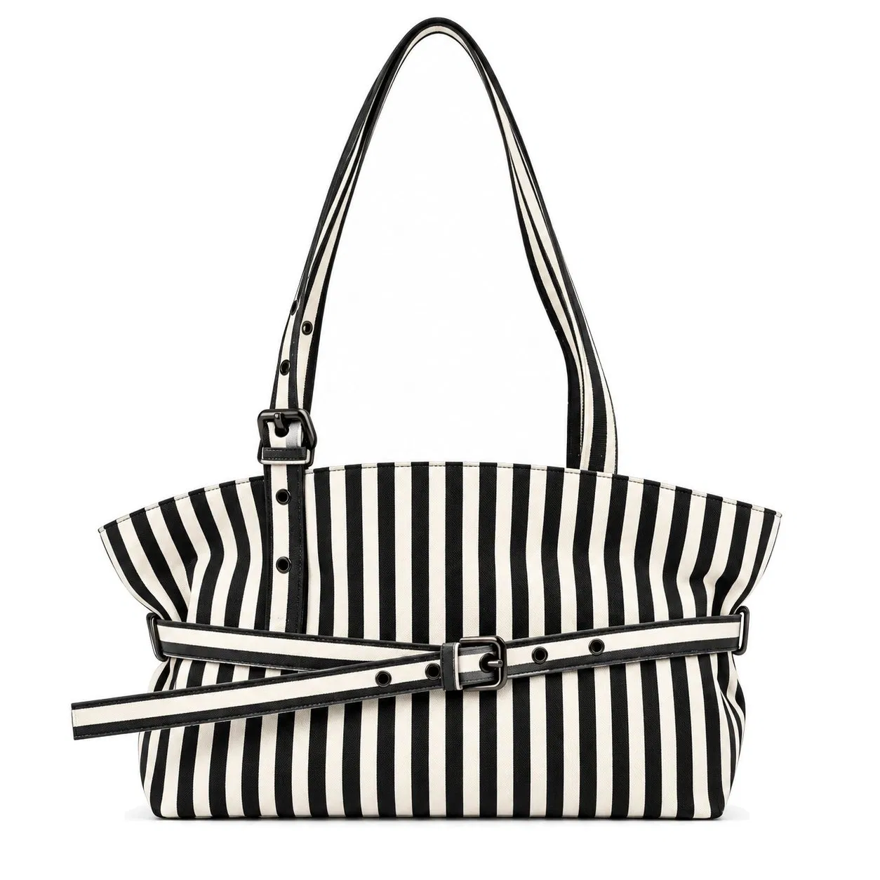 Vertical Striped Canvas Shoulder Tote Bag with Adjustable Strap for Daily Shopping