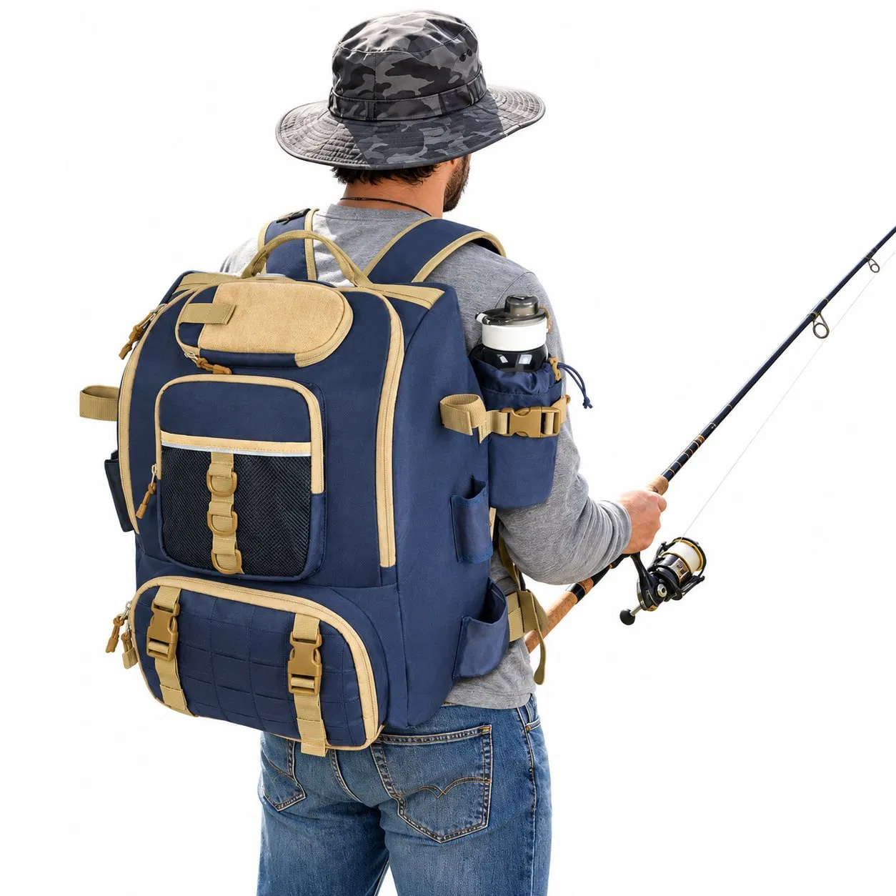 Oxford Fishing Tackle Backpack with Adjustable Divider and Rod Holders for Camping