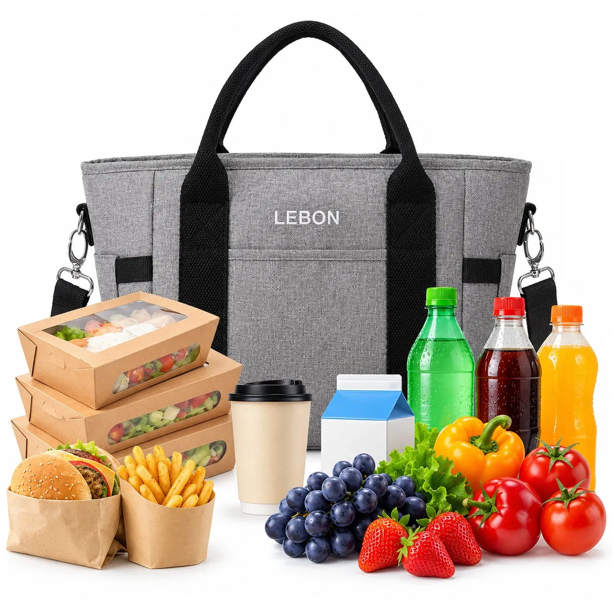 Reusable Insulated Lunch Tote Cooler Bag with Shoulder Strap and Side Pockets