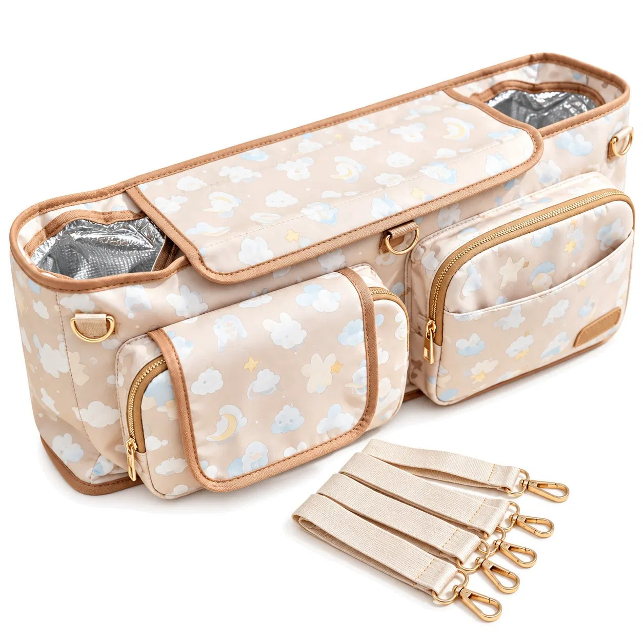 Insulated Double Stroller Caddy Organizer Bag with Cup Holders and Storage Pockets