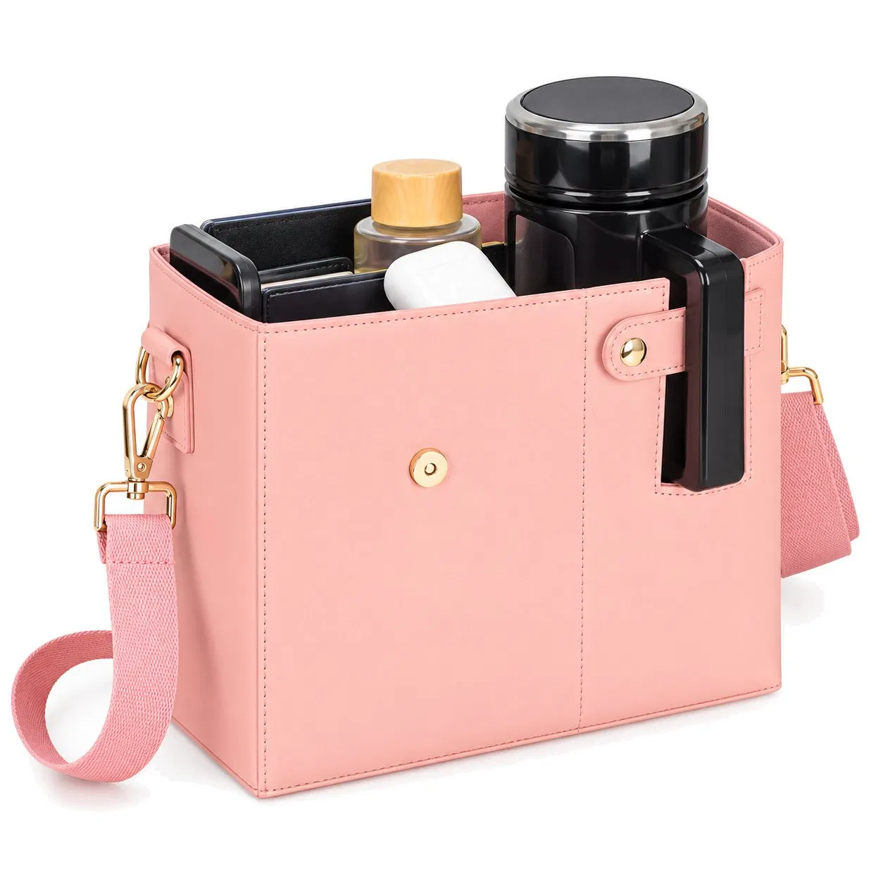 Women PU Crossbody Shoulder Tote Bag with Cup Sleeve and Multi Pocket Organizer