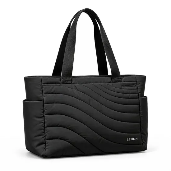 Lightweight Nylon Work Tote Bag with Padded Laptop Pocket and Expandable Bottle Pockets